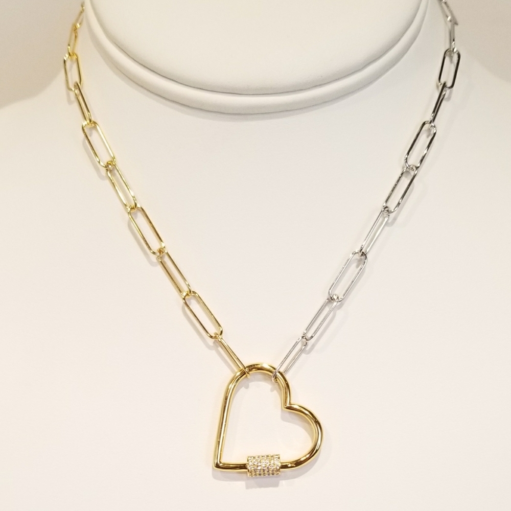 2 Tone Paperclip Pave CZ Heart Carabiner Necklace - Picture 1 of 7